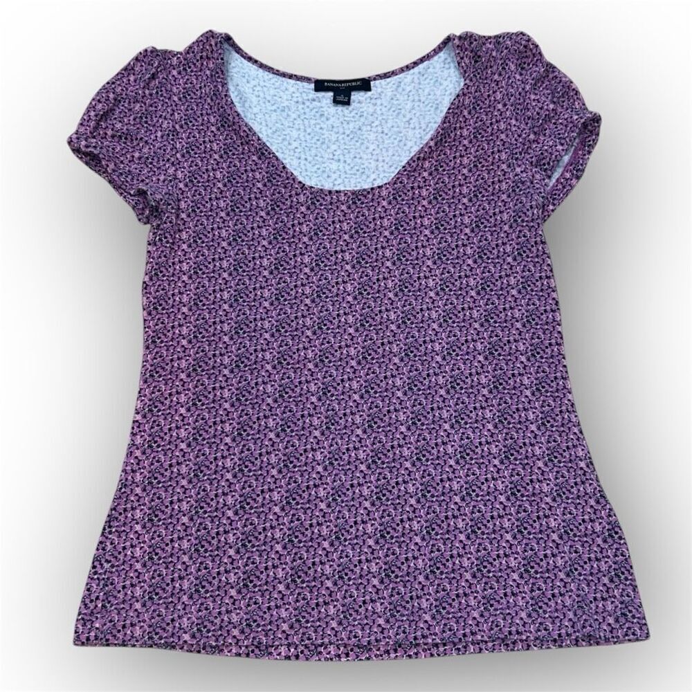 Banana Republic Purple Patterned Short Sleeve T-Shirt, Scoop neck Women’s Small